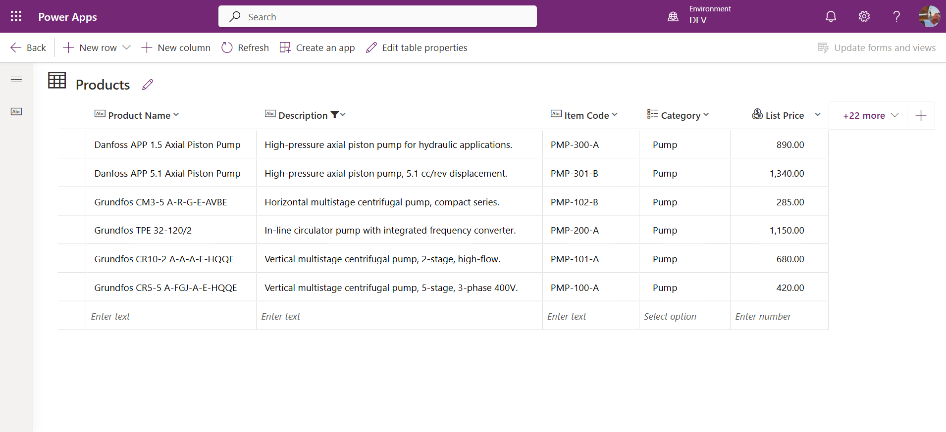 The Products table in Power Apps showing product names and descriptions; the two Danfoss rows contain Pump in the name, the four Grundfos rows only in the description.
