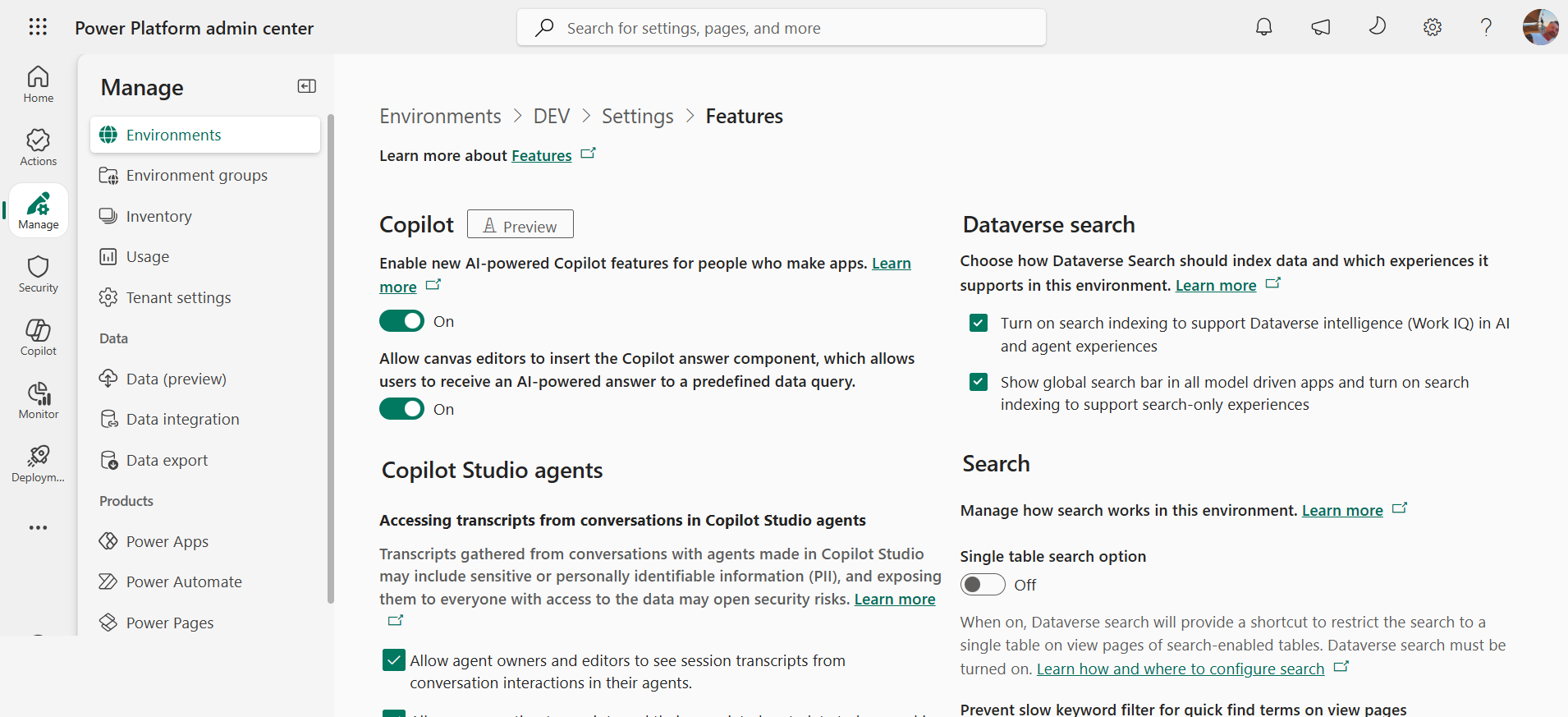 Power Platform admin center, environment settings, Features page, with the Dataverse search option set to On.