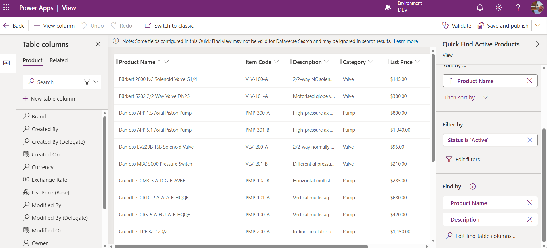 Quick Find Active Products view in the Power Apps view designer, with Product Name and Description listed under Find by.