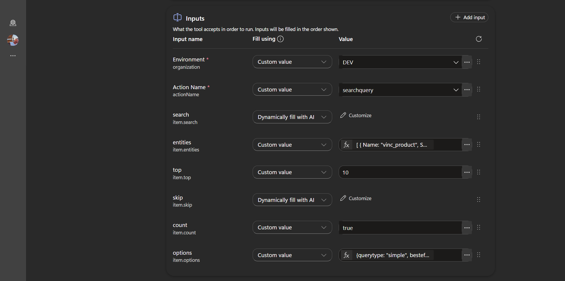 SearchCatalog tool inputs in Copilot Studio: Environment and Action Name as custom values, plus search, entities, top, skip, count and options.