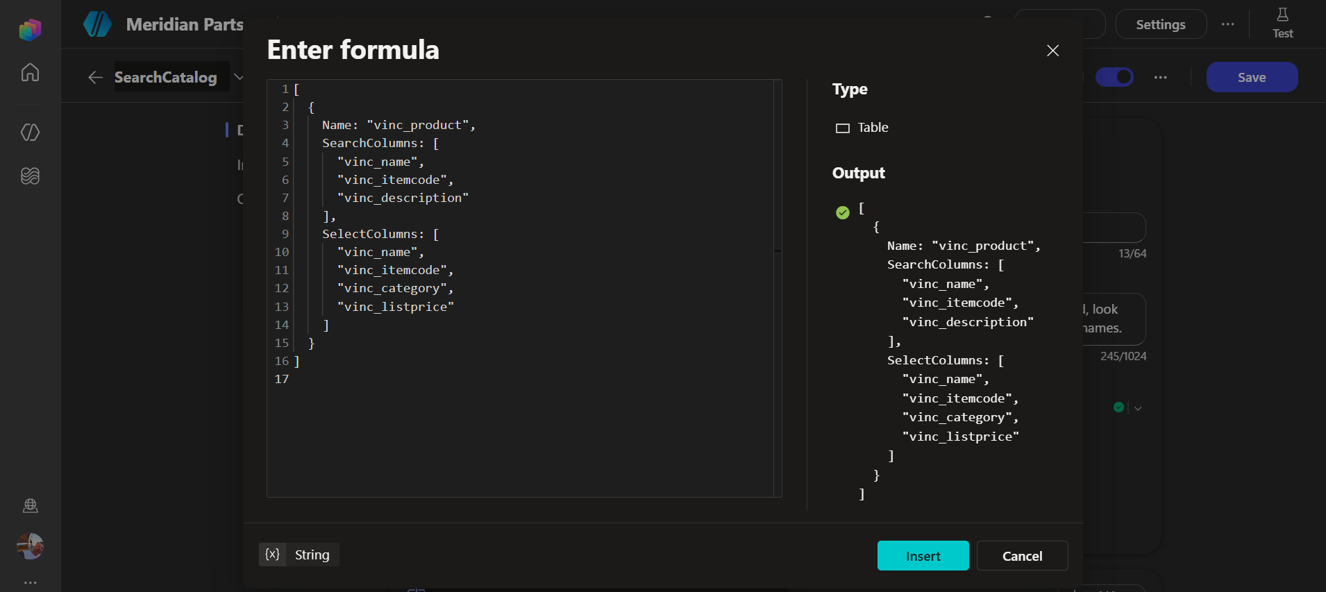 Power Fx formula editor for the entities input, showing the vinc_product table record and the output type Table with a green check.